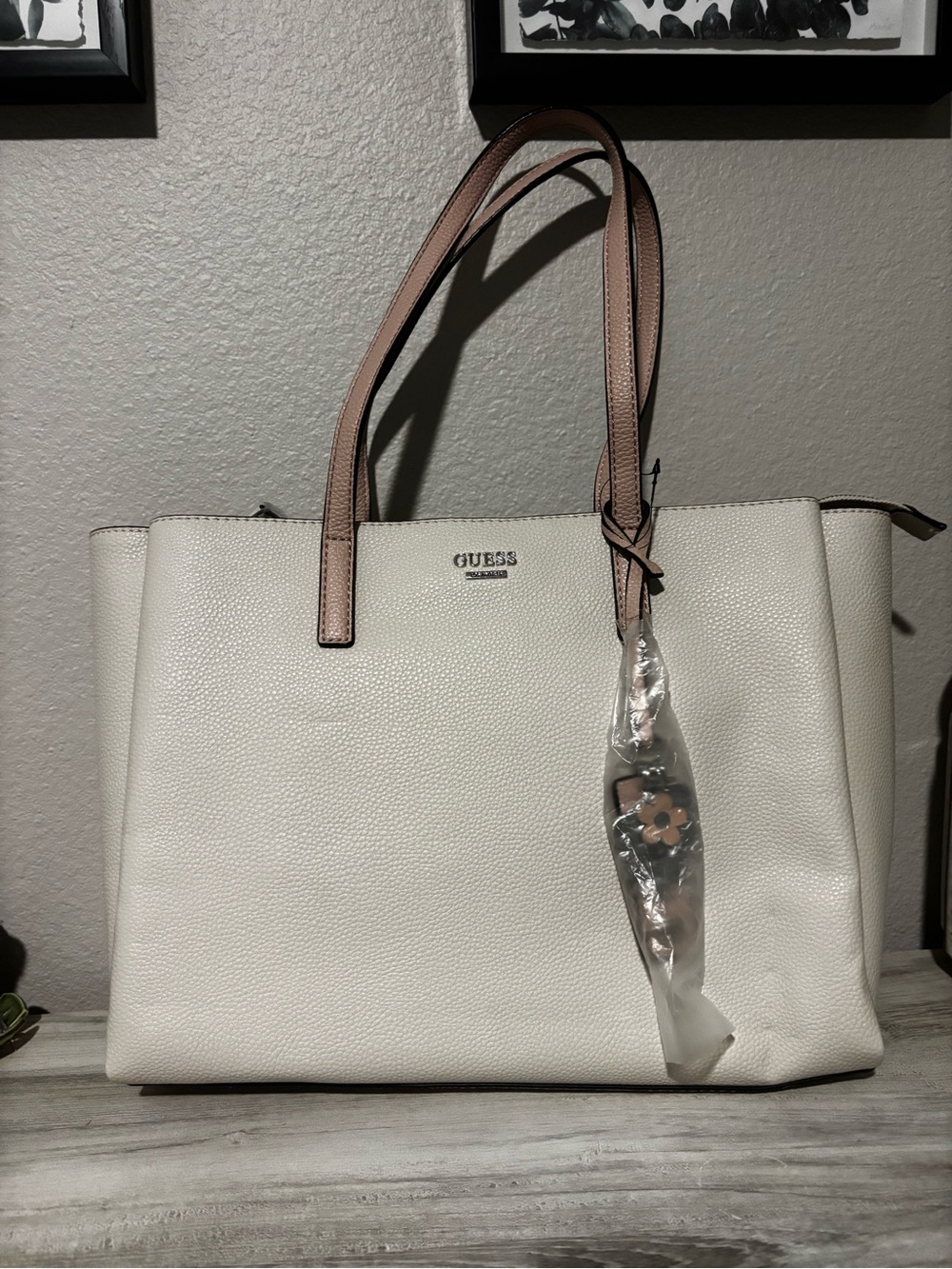 GUESS Cream Tote with Taupe Handles